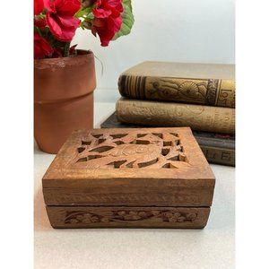 Vintage Hand Carved Wood Trinket Jewelry Box with Bird & Flowers